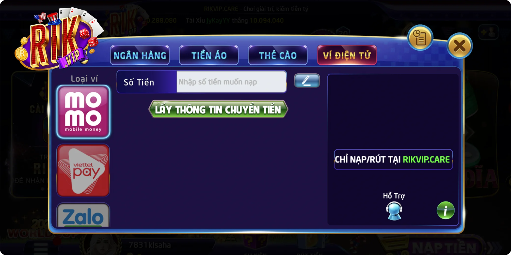 Màn hình lịch sử giao dịch Rikvip hiển thị trạng thái Completed